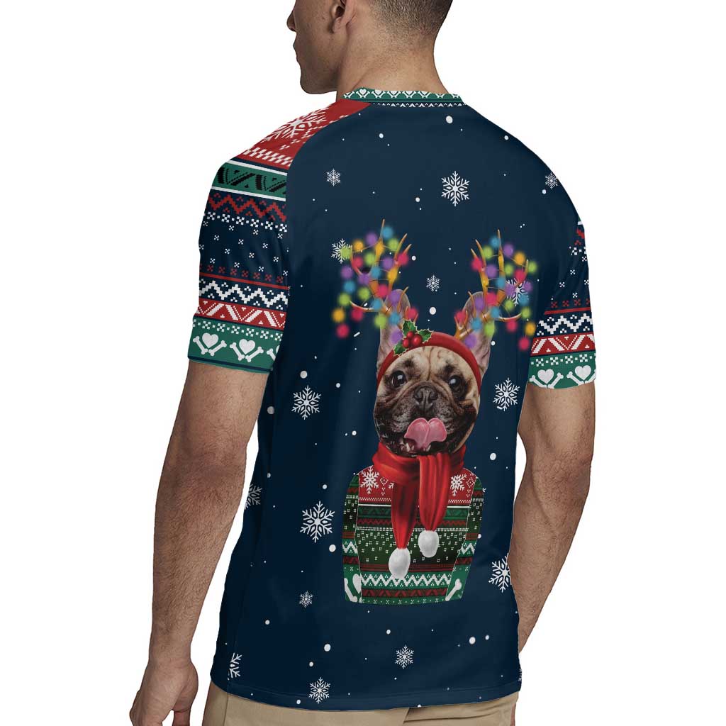 French Bulldog Reindeer Antlers Lights Rugby Jersey with Red Green Winter Pattern Design - Wonder Print Shop
