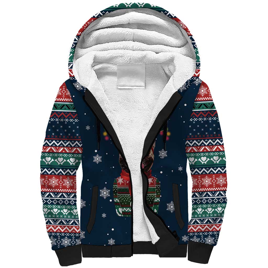 French Bulldog Reindeer Antlers Lights Sherpa Hoodie with Red Green Winter Pattern Design - Wonder Print Shop