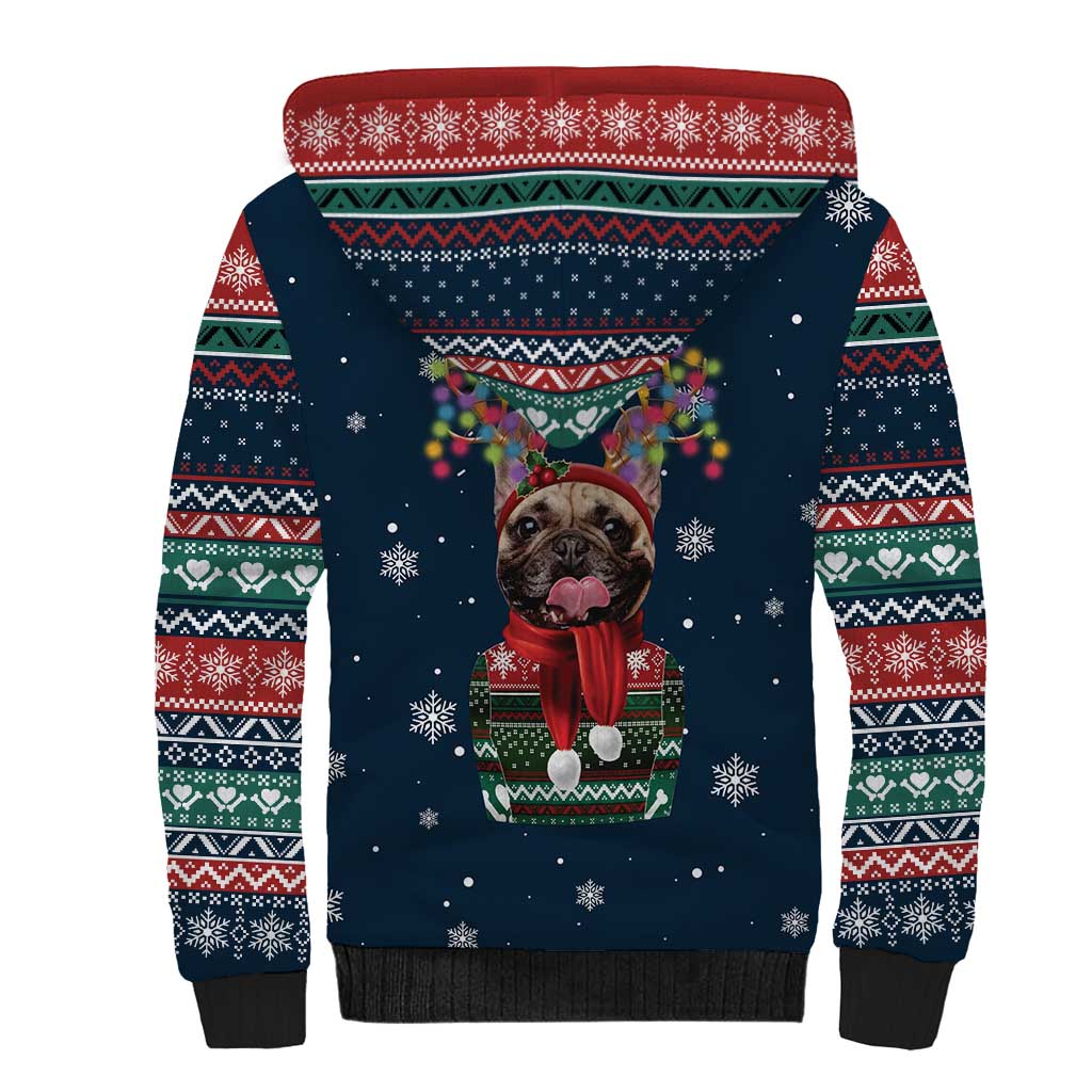 French Bulldog Reindeer Antlers Lights Sherpa Hoodie with Red Green Winter Pattern Design - Wonder Print Shop