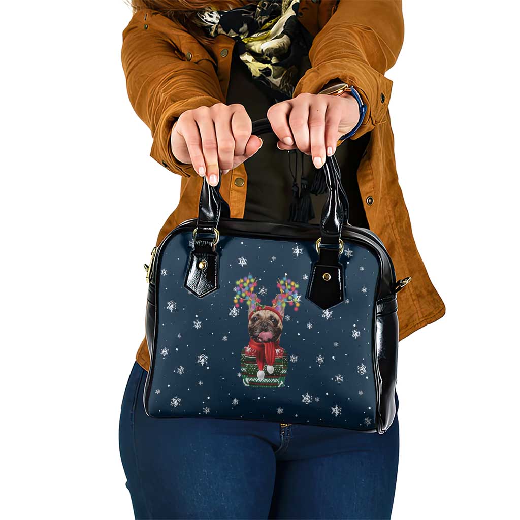 French Bulldog Reindeer Antlers Lights Shoulder Handbag with Red Green Winter Pattern Design - Wonder Print Shop