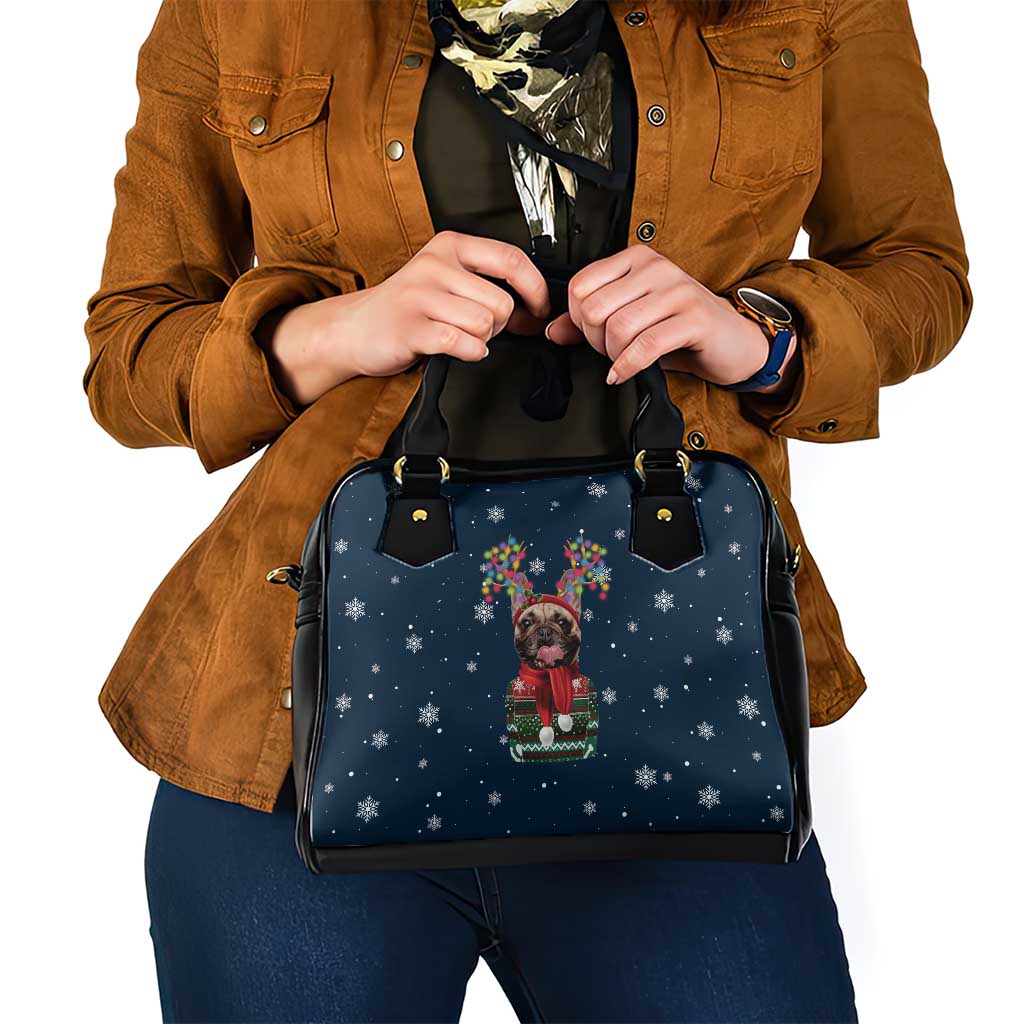 French Bulldog Reindeer Antlers Lights Shoulder Handbag with Red Green Winter Pattern Design - Wonder Print Shop