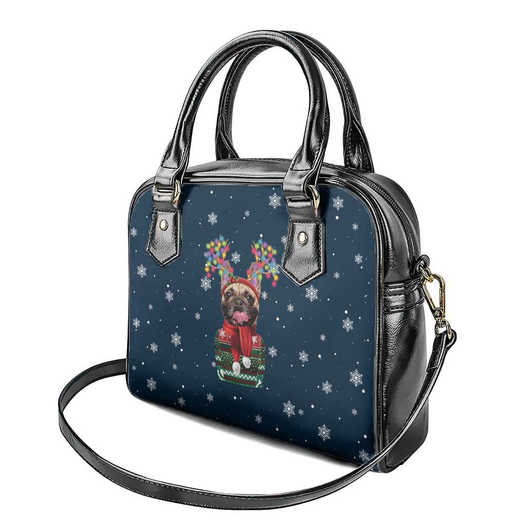 French Bulldog Reindeer Antlers Lights Shoulder Handbag with Red Green Winter Pattern Design - Wonder Print Shop