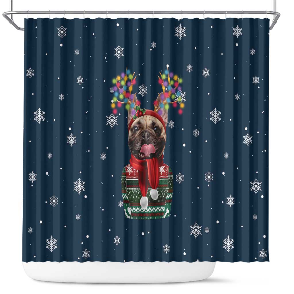 French Bulldog Reindeer Antlers Lights Shower Curtain with Red Green Winter Pattern Design - Wonder Print Shop