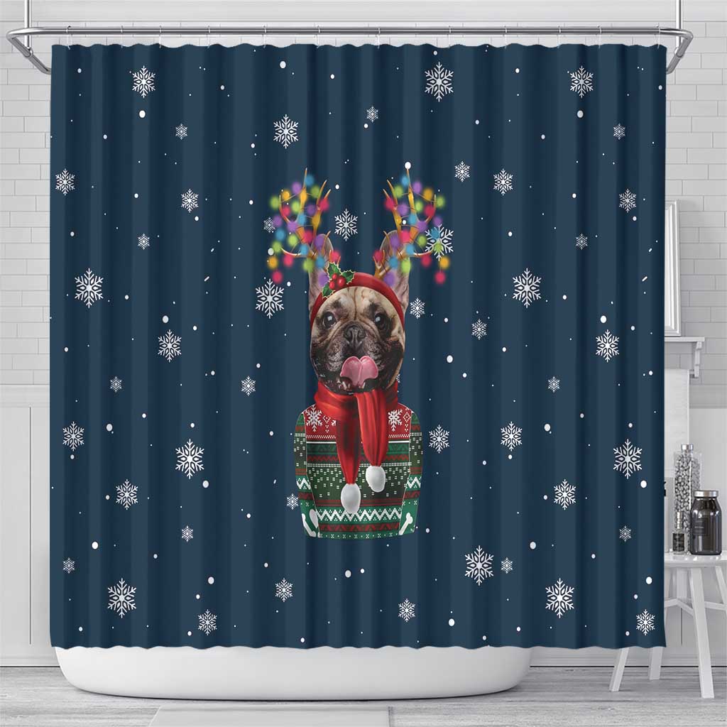 French Bulldog Reindeer Antlers Lights Shower Curtain with Red Green Winter Pattern Design - Wonder Print Shop
