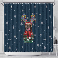 French Bulldog Reindeer Antlers Lights Shower Curtain with Red Green Winter Pattern Design - Wonder Print Shop