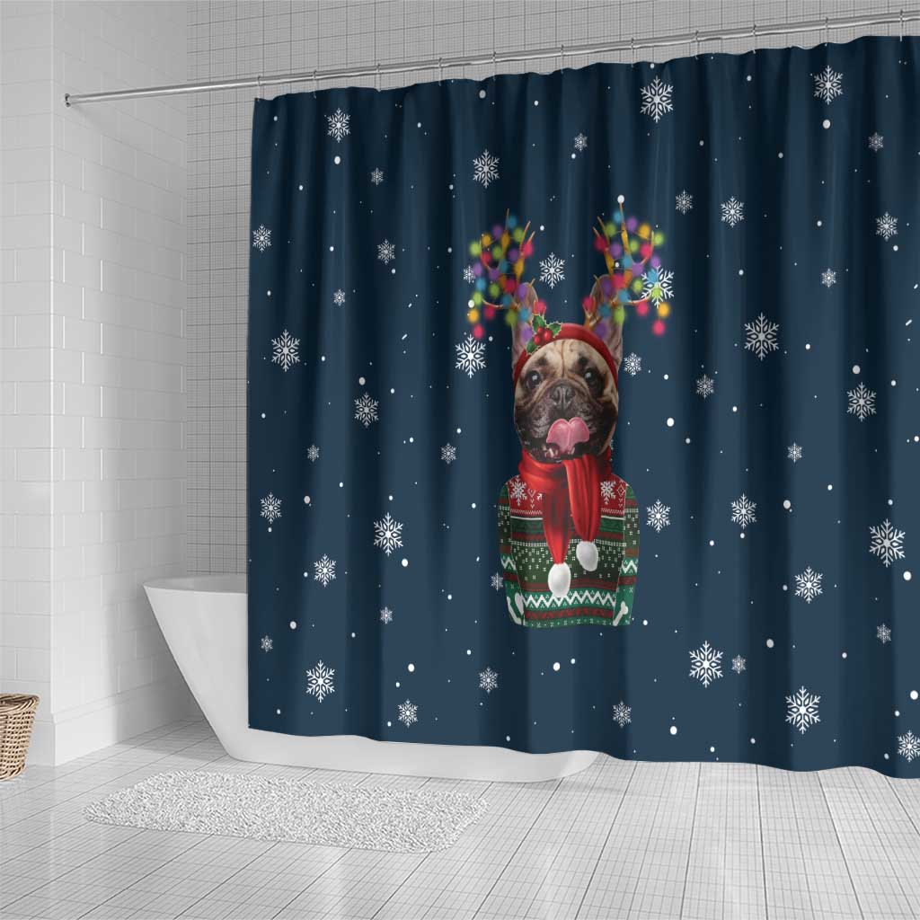 French Bulldog Reindeer Antlers Lights Shower Curtain with Red Green Winter Pattern Design - Wonder Print Shop
