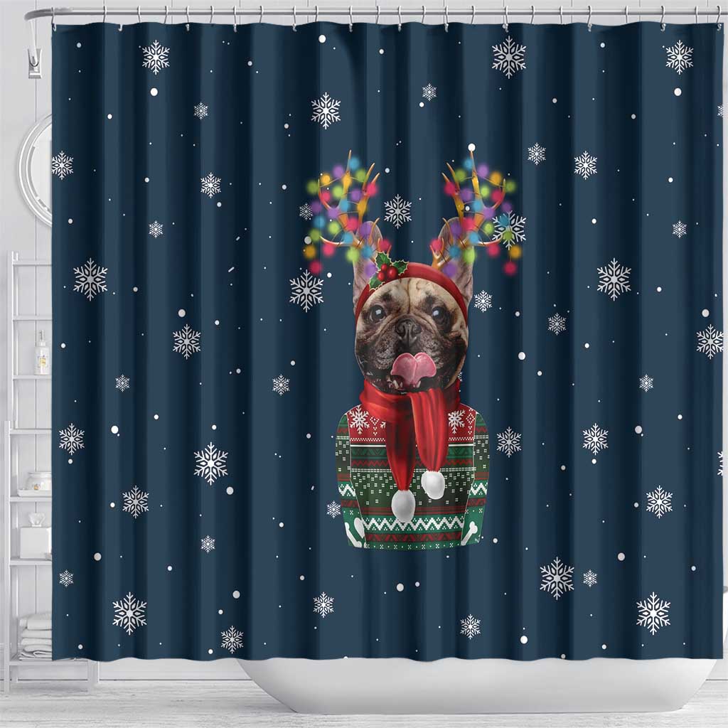 French Bulldog Reindeer Antlers Lights Shower Curtain with Red Green Winter Pattern Design - Wonder Print Shop