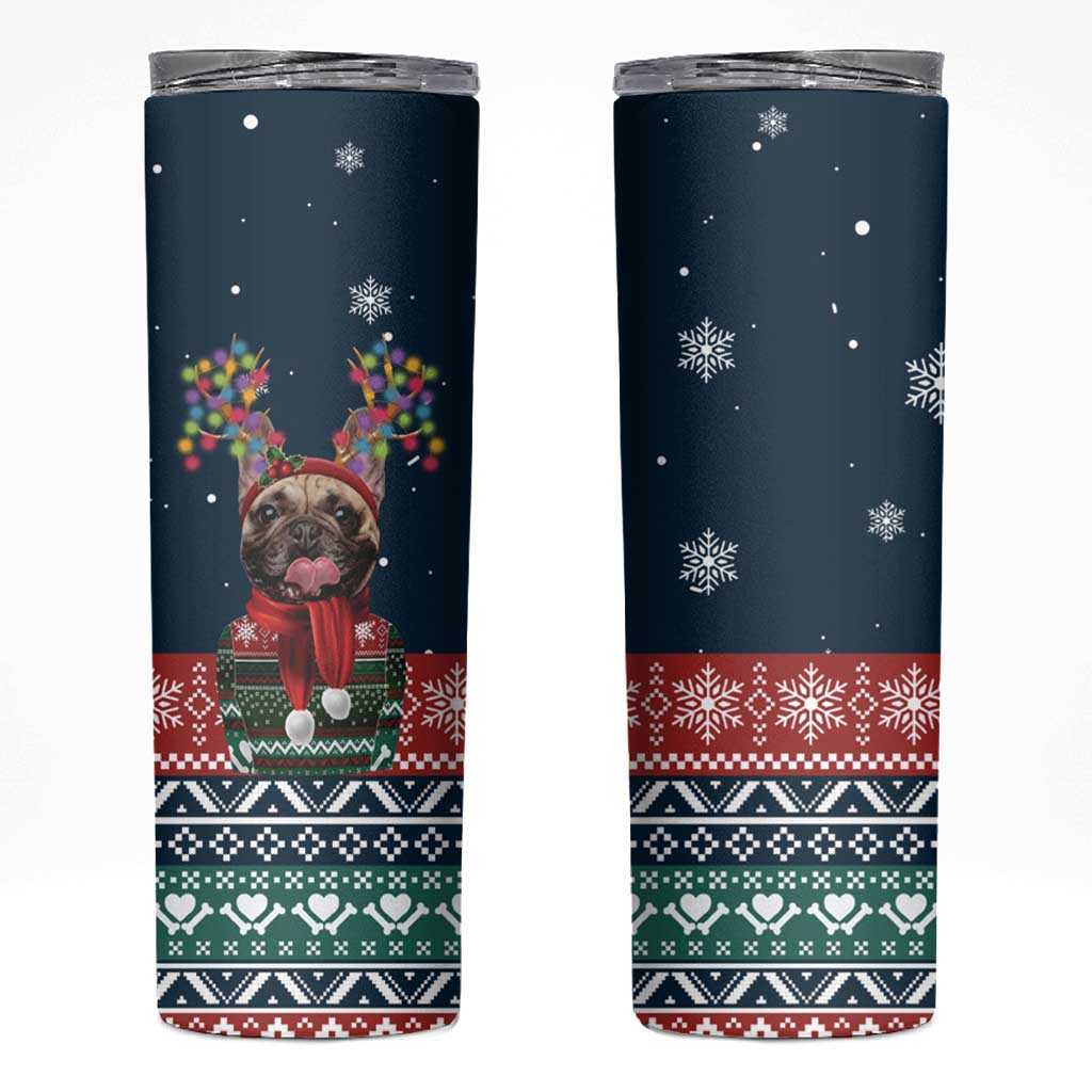 French Bulldog Reindeer Antlers Lights Skinny Tumbler with Red Green Winter Pattern Design - Wonder Print Shop