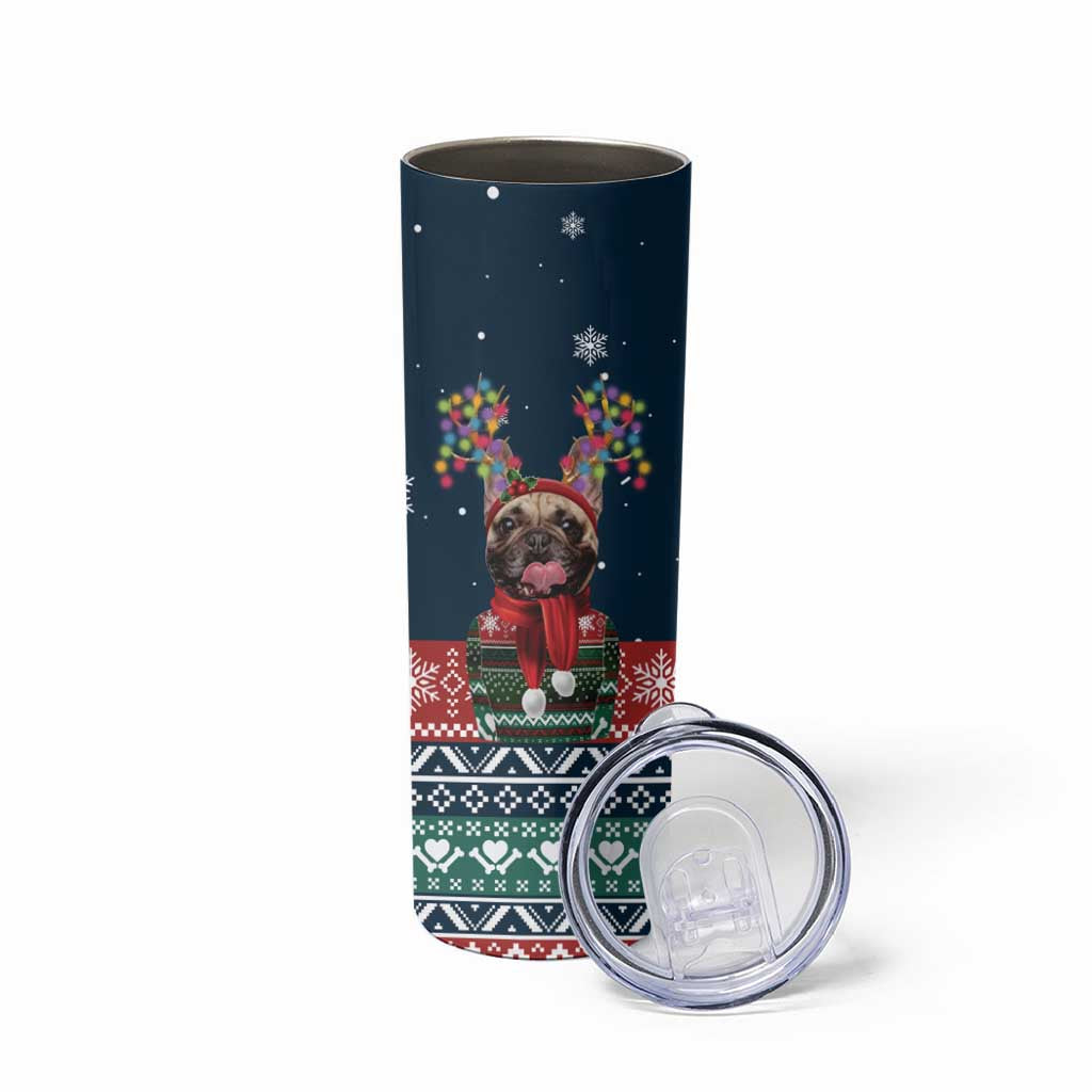 French Bulldog Reindeer Antlers Lights Skinny Tumbler with Red Green Winter Pattern Design - Wonder Print Shop