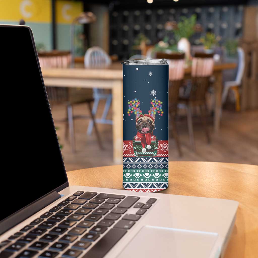 French Bulldog Reindeer Antlers Lights Skinny Tumbler with Red Green Winter Pattern Design - Wonder Print Shop