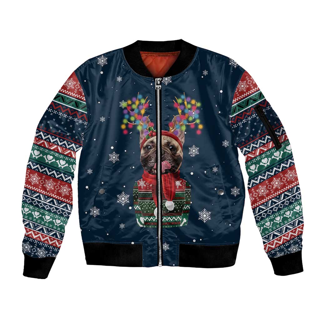 French Bulldog Reindeer Antlers Lights Sleeve Zip Bomber Jacket with Red Green Winter Pattern Design - Wonder Print Shop