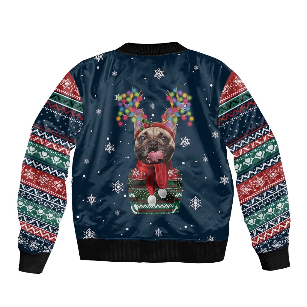 French Bulldog Reindeer Antlers Lights Sleeve Zip Bomber Jacket with Red Green Winter Pattern Design - Wonder Print Shop