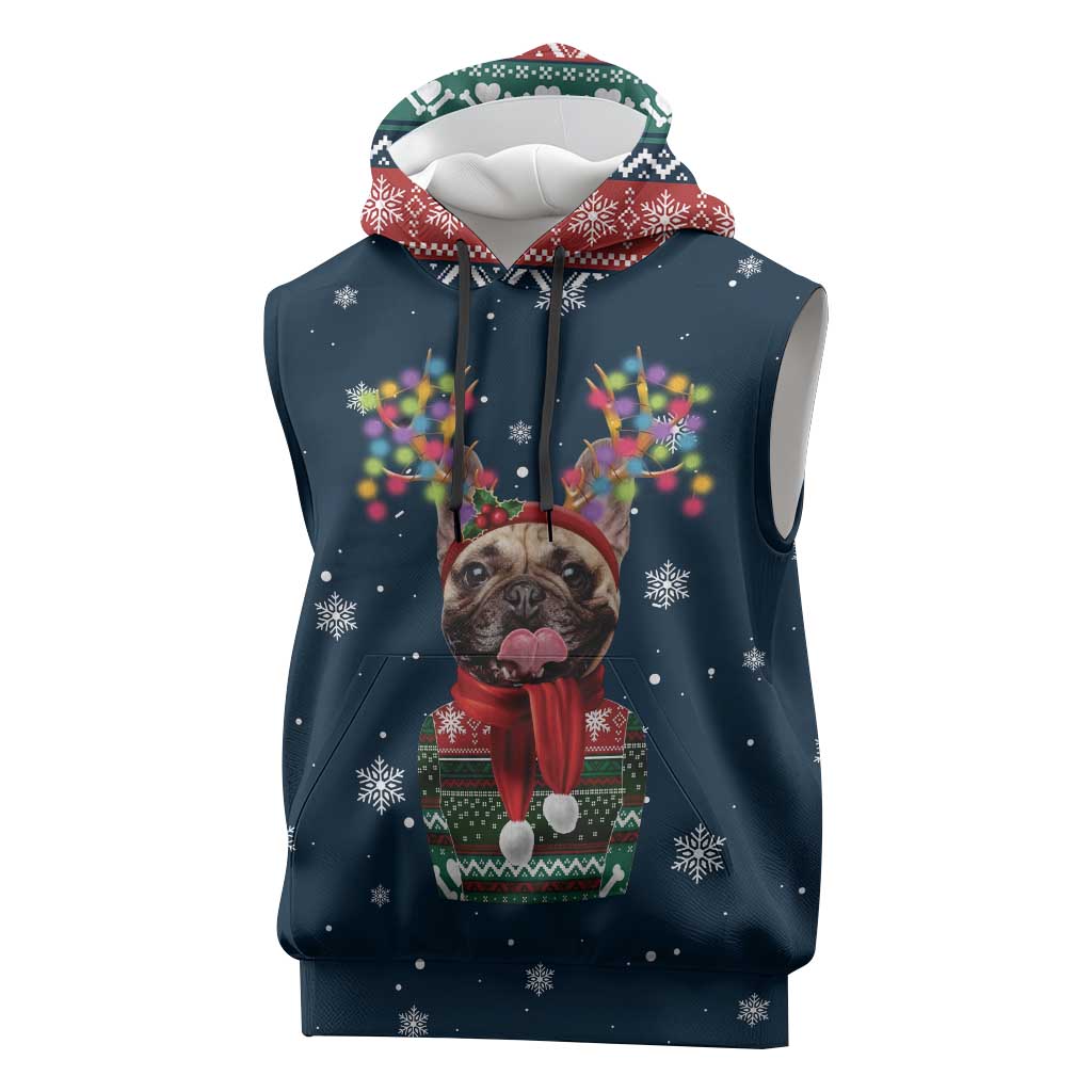 French Bulldog Reindeer Antlers Lights Sleeveless Hoodie with Red Green Winter Pattern Design - Wonder Print Shop