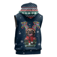 French Bulldog Reindeer Antlers Lights Sleeveless Hoodie with Red Green Winter Pattern Design - Wonder Print Shop