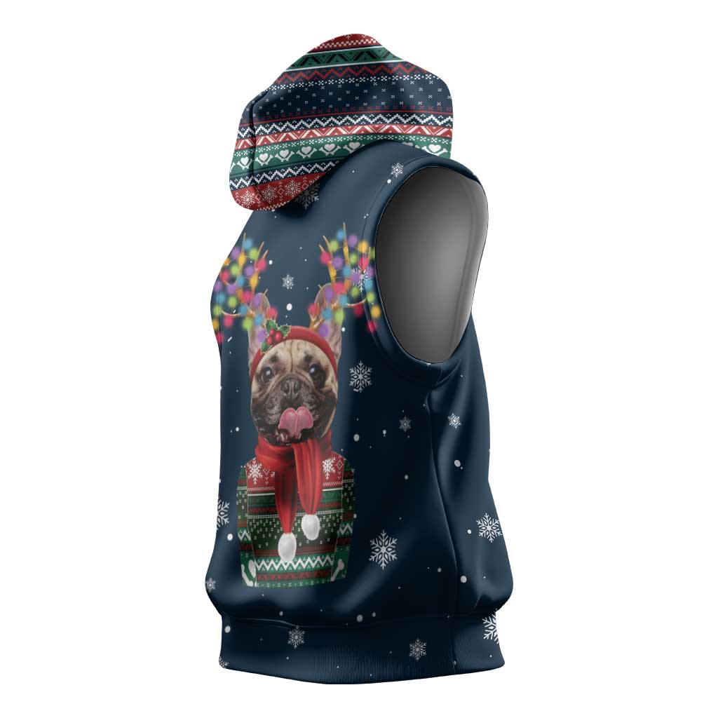 French Bulldog Reindeer Antlers Lights Sleeveless Hoodie with Red Green Winter Pattern Design - Wonder Print Shop