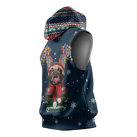 French Bulldog Reindeer Antlers Lights Sleeveless Hoodie with Red Green Winter Pattern Design - Wonder Print Shop