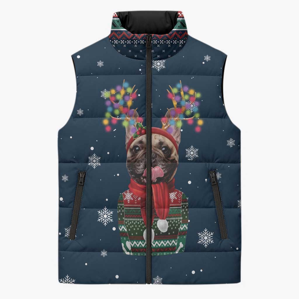 French Bulldog Reindeer Antlers Lights Sleeveless Puffer Jacket with Red Green Winter Pattern Design - Wonder Print Shop