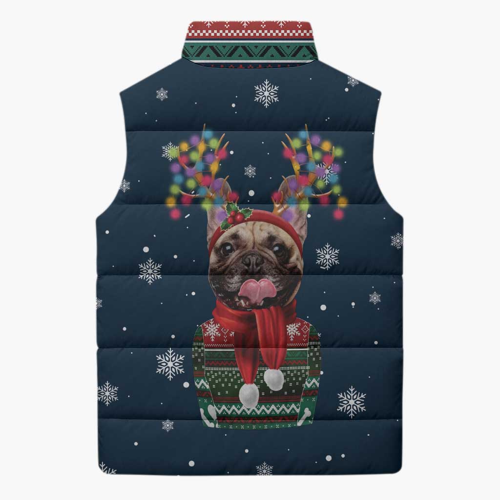 French Bulldog Reindeer Antlers Lights Sleeveless Puffer Jacket with Red Green Winter Pattern Design - Wonder Print Shop