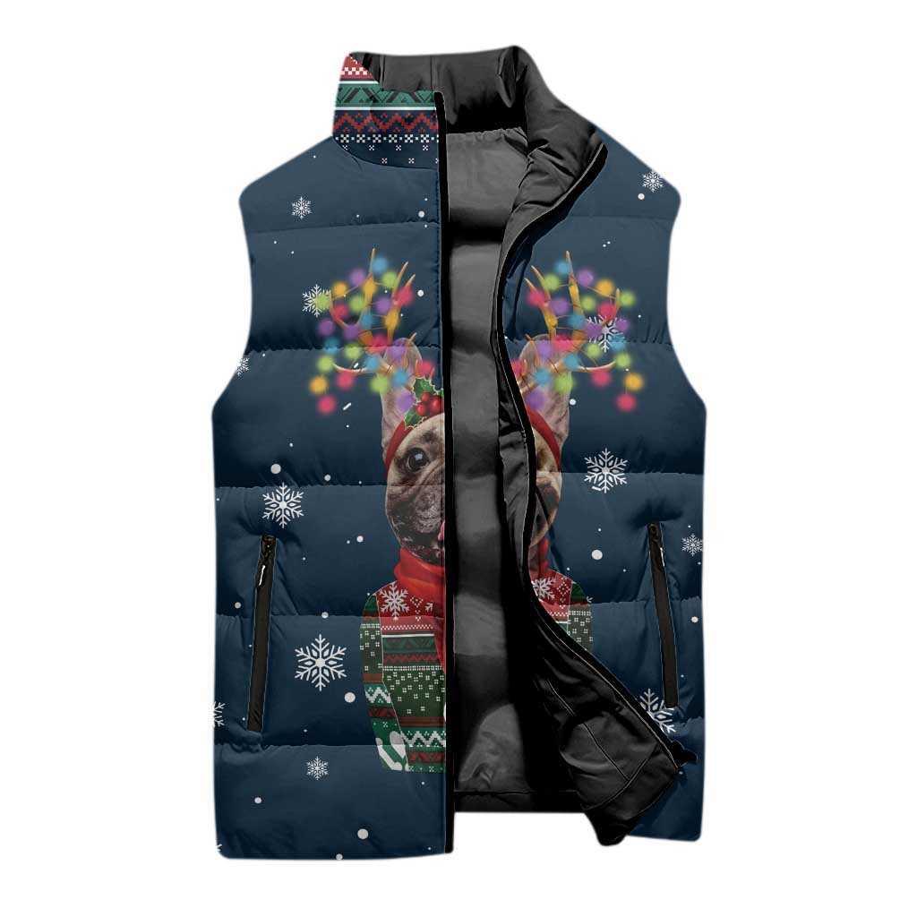 French Bulldog Reindeer Antlers Lights Sleeveless Puffer Jacket with Red Green Winter Pattern Design - Wonder Print Shop