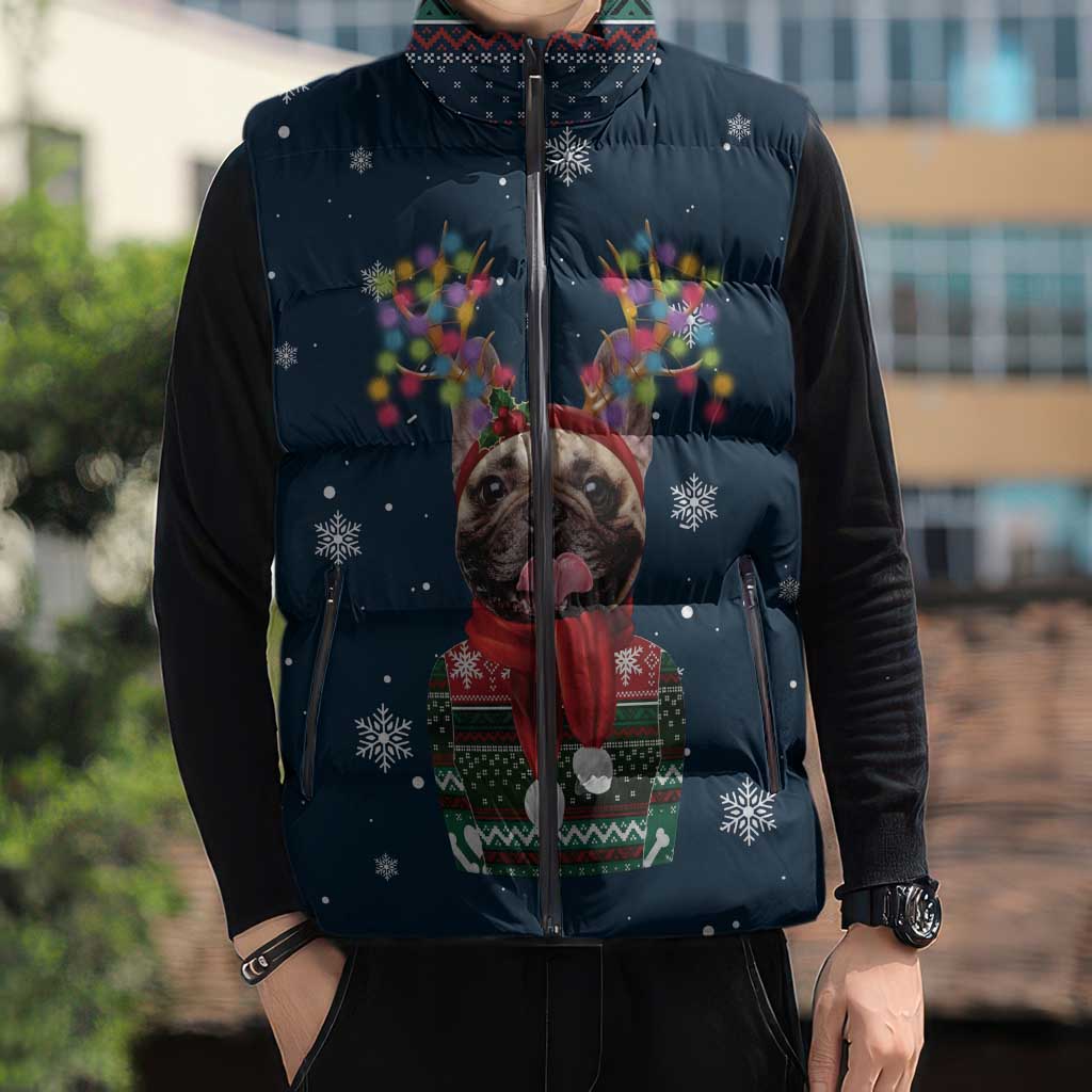 French Bulldog Reindeer Antlers Lights Sleeveless Puffer Jacket with Red Green Winter Pattern Design - Wonder Print Shop