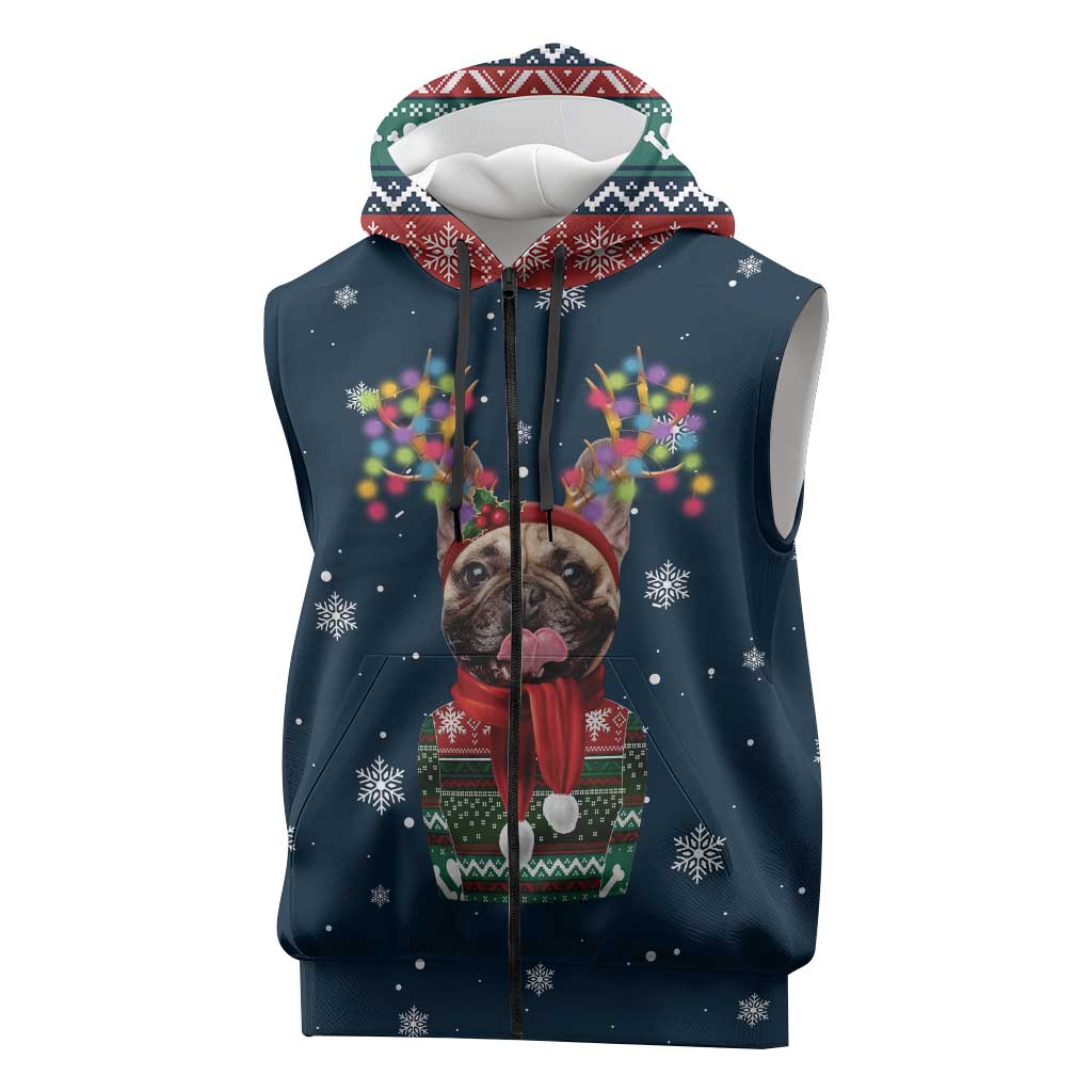 French Bulldog Reindeer Antlers Lights Sleeveless Zip Hoodie with Red Green Winter Pattern Design - Wonder Print Shop