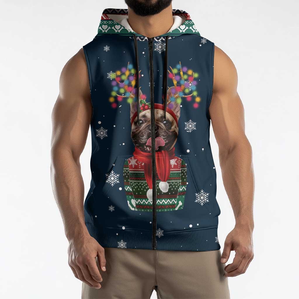 French Bulldog Reindeer Antlers Lights Sleeveless Zip Hoodie with Red Green Winter Pattern Design - Wonder Print Shop