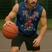 French Bulldog Reindeer Antlers Lights Sleeveless Zip Hoodie with Red Green Winter Pattern Design - Wonder Print Shop