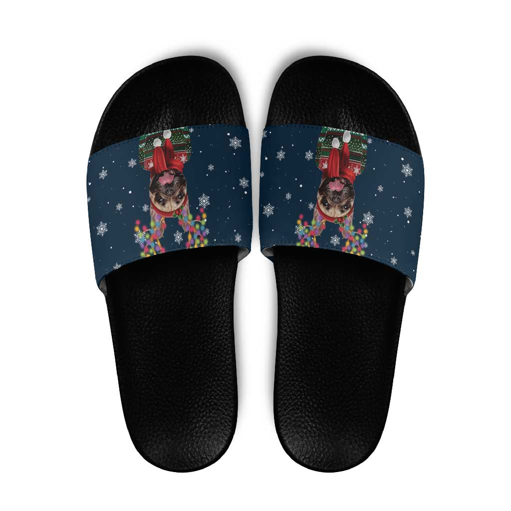 French Bulldog Reindeer Antlers Lights Slide Sandals with Red Green Winter Pattern Design - Wonder Print Shop