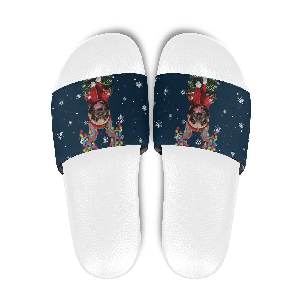 French Bulldog Reindeer Antlers Lights Slide Sandals with Red Green Winter Pattern Design - Wonder Print Shop
