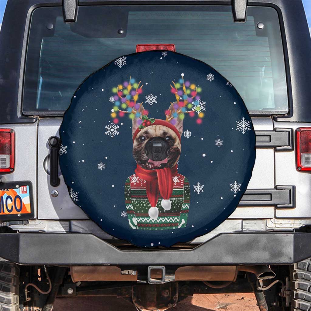 French Bulldog Reindeer Antlers Lights Spare Tire Cover with Red Green Winter Pattern Design - Wonder Print Shop