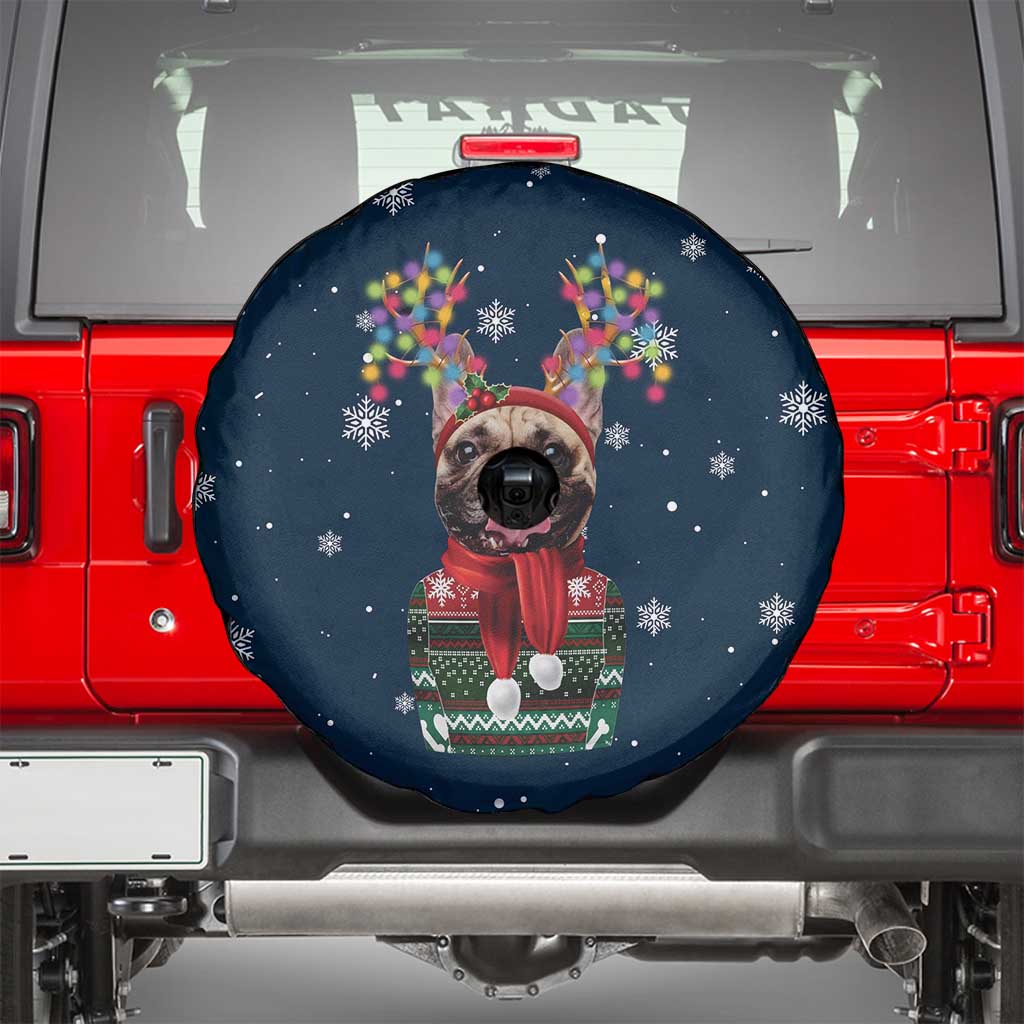 French Bulldog Reindeer Antlers Lights Spare Tire Cover with Red Green Winter Pattern Design - Wonder Print Shop