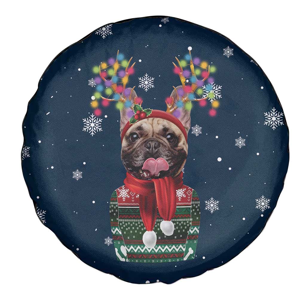 French Bulldog Reindeer Antlers Lights Spare Tire Cover with Red Green Winter Pattern Design - Wonder Print Shop