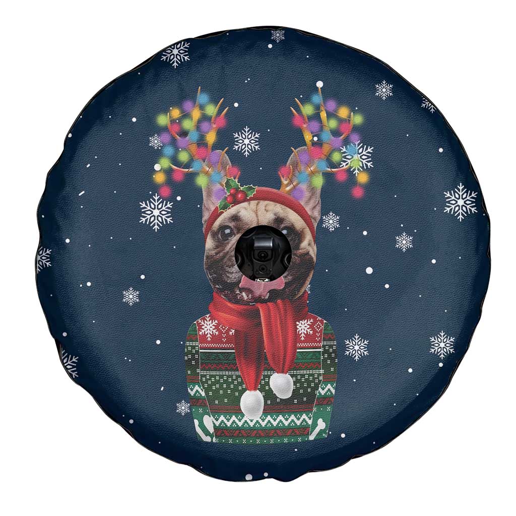 French Bulldog Reindeer Antlers Lights Spare Tire Cover with Red Green Winter Pattern Design - Wonder Print Shop