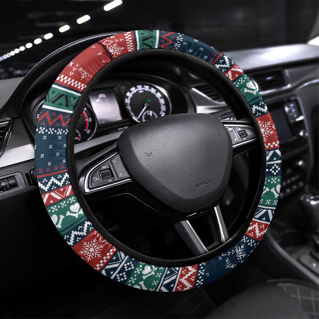 French Bulldog Reindeer Antlers Lights Steering Wheel Cover with Red Green Winter Pattern Design - Wonder Print Shop