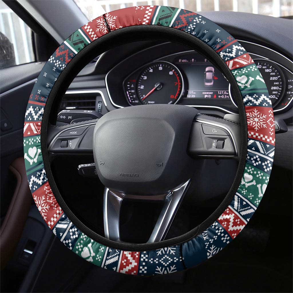 French Bulldog Reindeer Antlers Lights Steering Wheel Cover with Red Green Winter Pattern Design - Wonder Print Shop