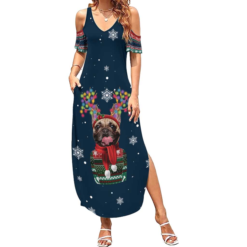 French Bulldog Reindeer Antlers Lights Summer Maxi Dress with Red Green Winter Pattern Design - Wonder Print Shop