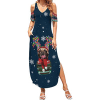 French Bulldog Reindeer Antlers Lights Summer Maxi Dress with Red Green Winter Pattern Design - Wonder Print Shop