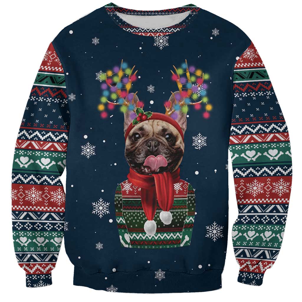 French Bulldog Reindeer Antlers Lights Sweatshirt with Red Green Winter Pattern Design - Wonder Print Shop