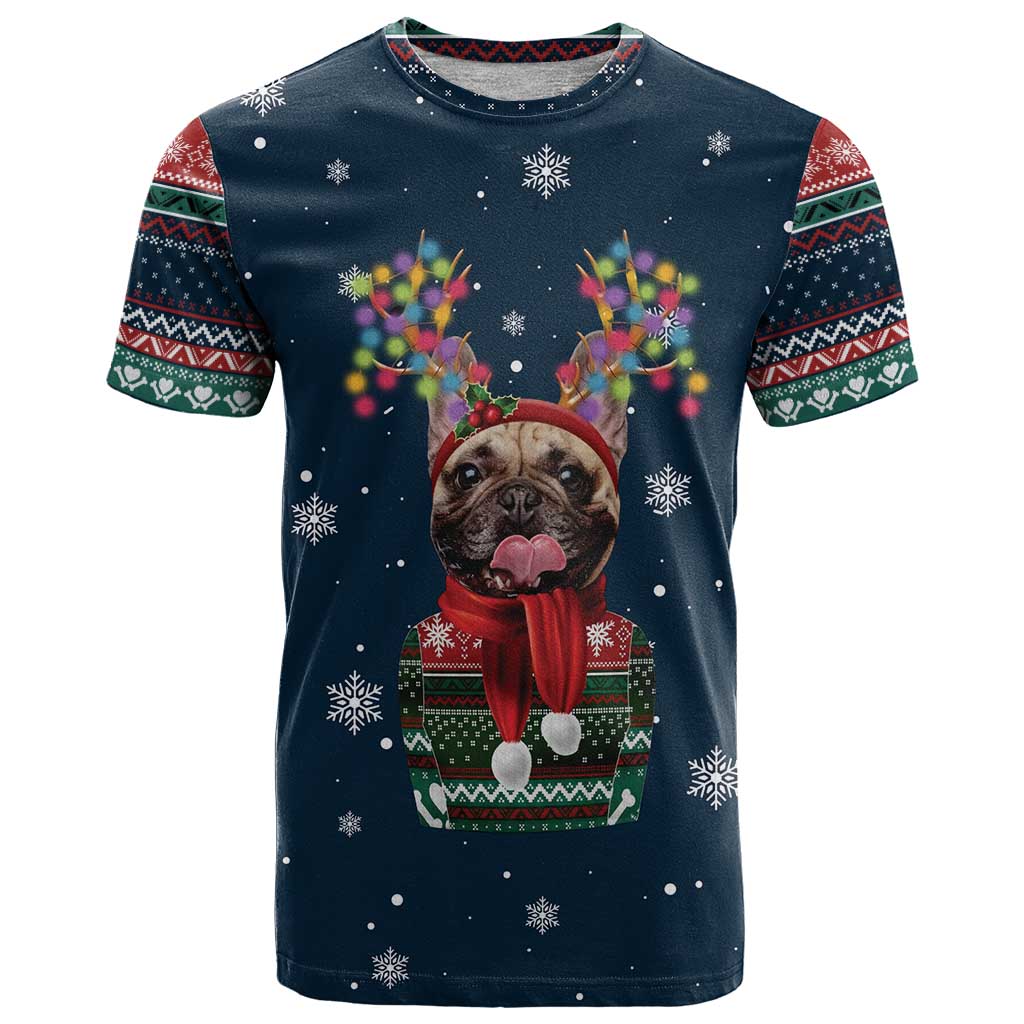French Bulldog Reindeer Antlers Lights T Shirt with Red Green Winter Pattern Design - Wonder Print Shop