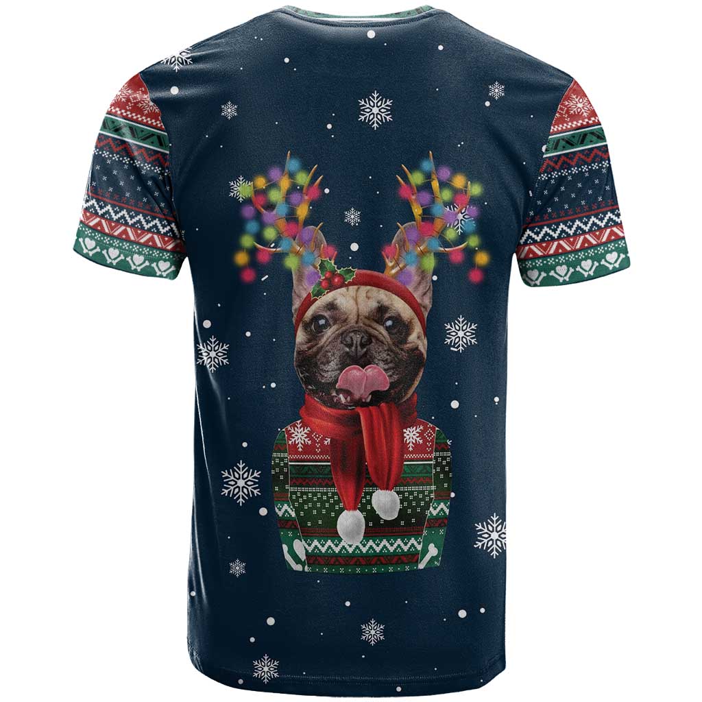 French Bulldog Reindeer Antlers Lights T Shirt with Red Green Winter Pattern Design - Wonder Print Shop