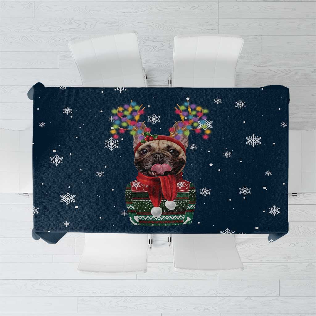 French Bulldog Reindeer Antlers Lights Tablecloth with Red Green Winter Pattern Design - Wonder Print Shop