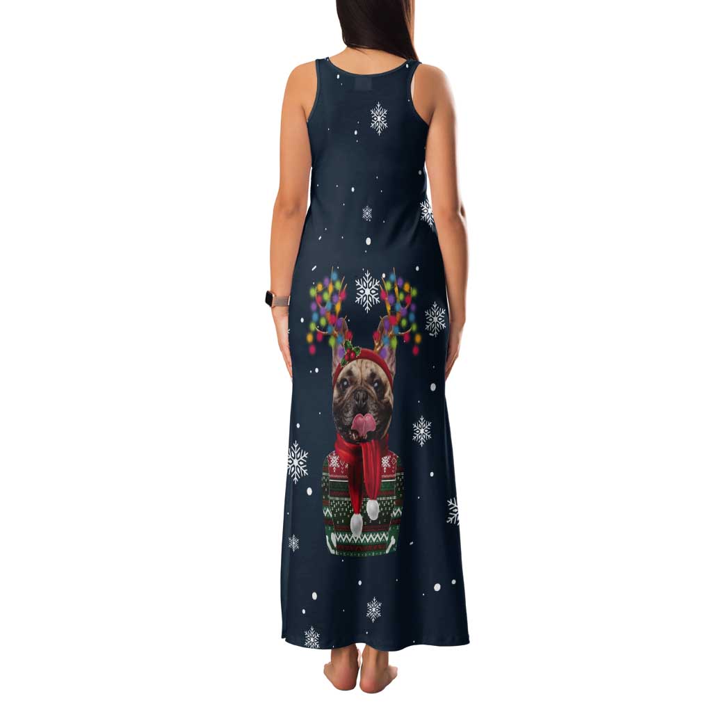 French Bulldog Reindeer Antlers Lights Tank Maxi Dress with Red Green Winter Pattern Design - Wonder Print Shop