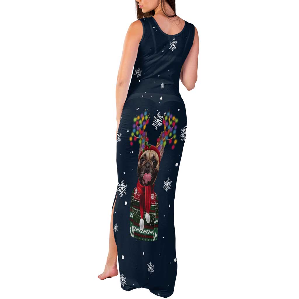 French Bulldog Reindeer Antlers Lights Tank Maxi Dress with Red Green Winter Pattern Design - Wonder Print Shop