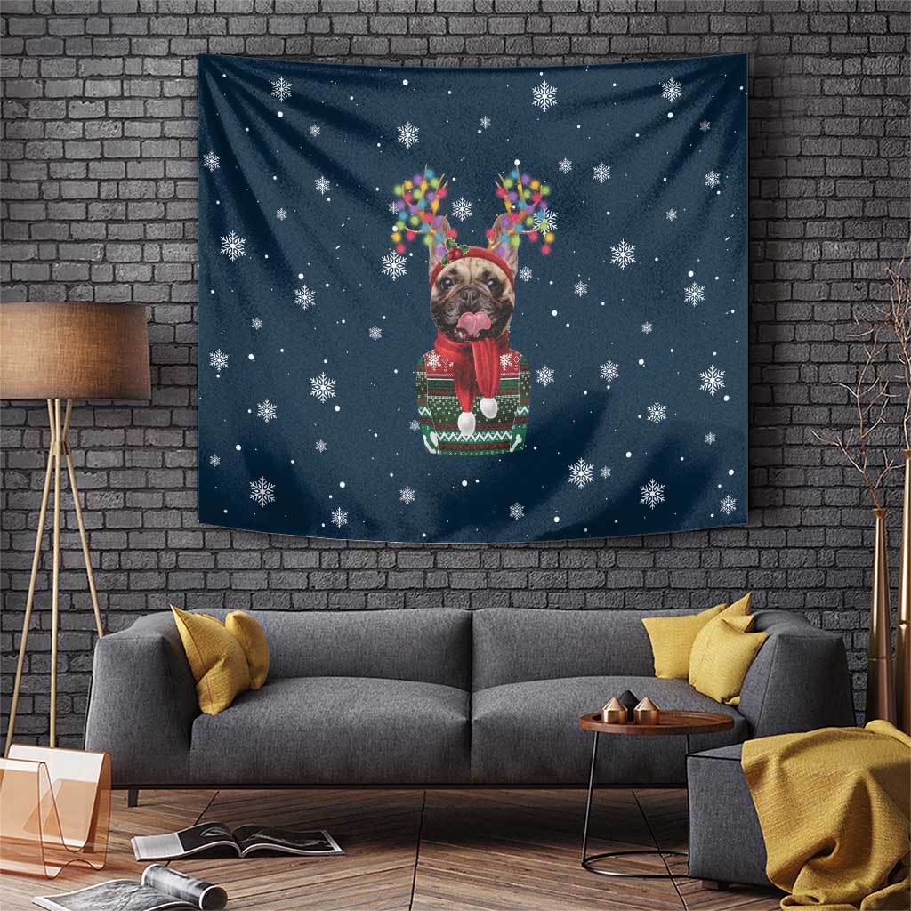 French Bulldog Reindeer Antlers Lights Tapestry with Red Green Winter Pattern Design - Wonder Print Shop