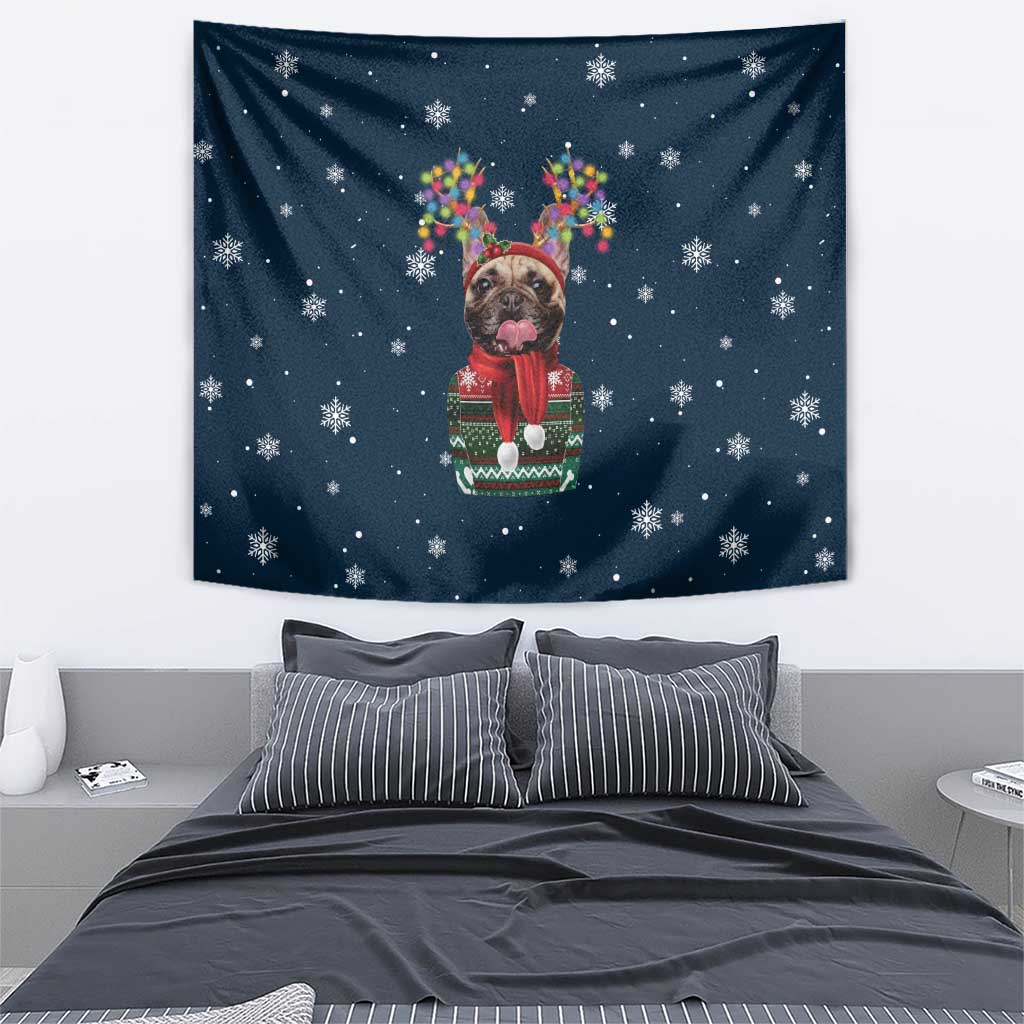 French Bulldog Reindeer Antlers Lights Tapestry with Red Green Winter Pattern Design - Wonder Print Shop