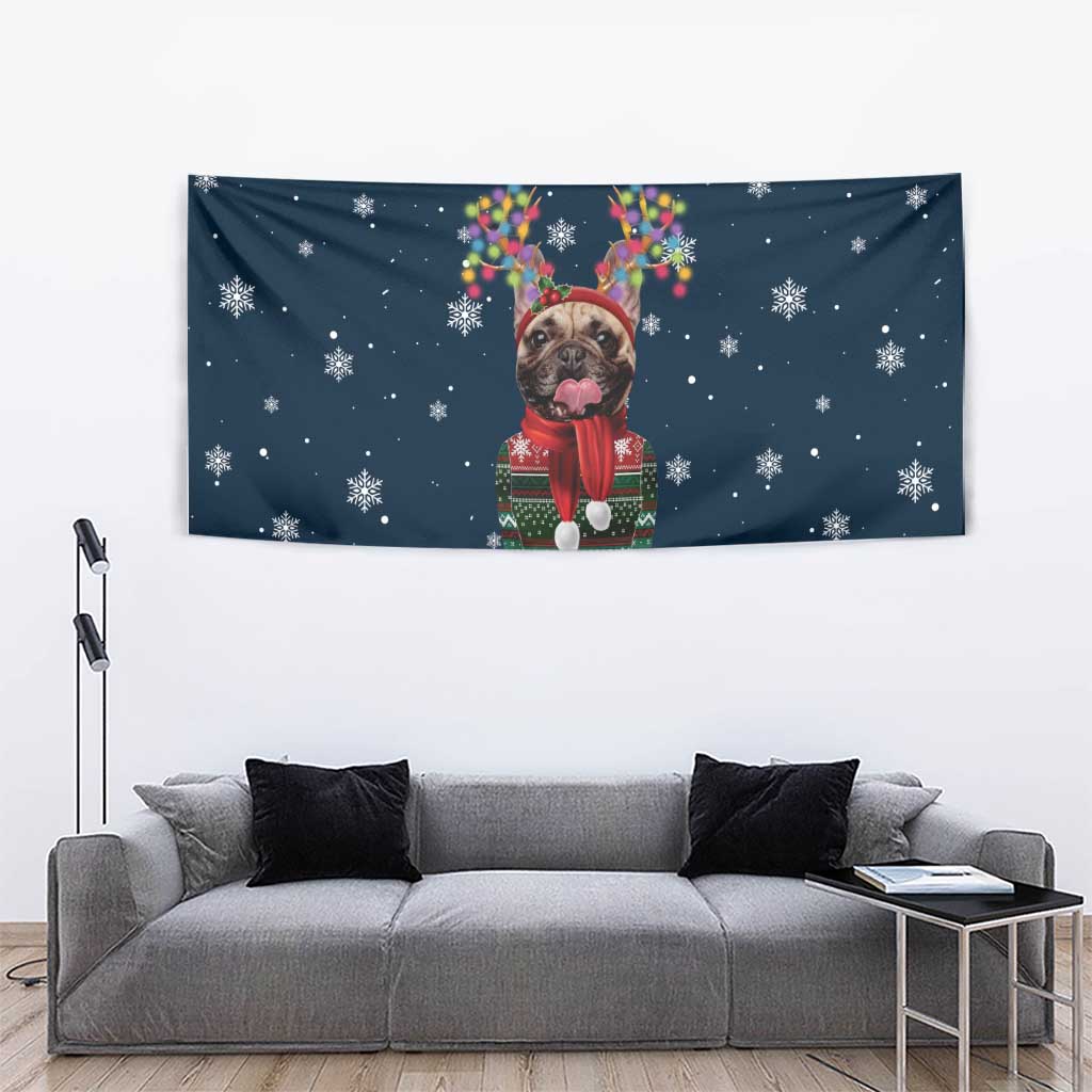 French Bulldog Reindeer Antlers Lights Tapestry with Red Green Winter Pattern Design - Wonder Print Shop
