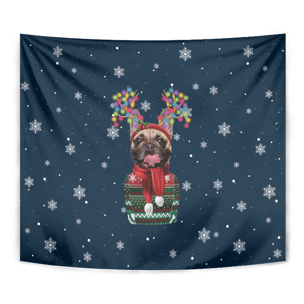 French Bulldog Reindeer Antlers Lights Tapestry with Red Green Winter Pattern Design - Wonder Print Shop