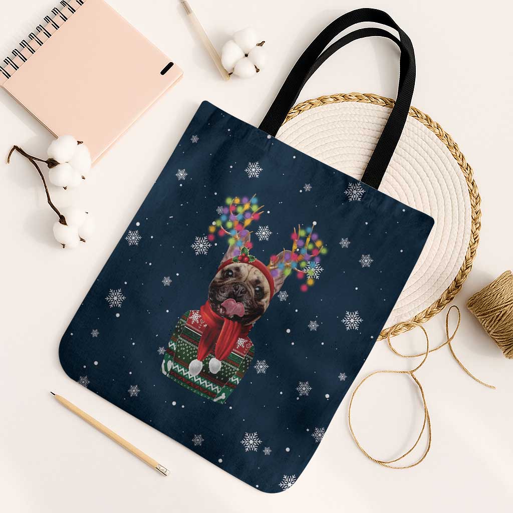 French Bulldog Reindeer Antlers Lights Tote Bag with Red Green Winter Pattern Design - Wonder Print Shop