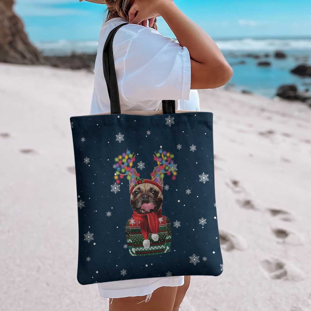 French Bulldog Reindeer Antlers Lights Tote Bag with Red Green Winter Pattern Design - Wonder Print Shop