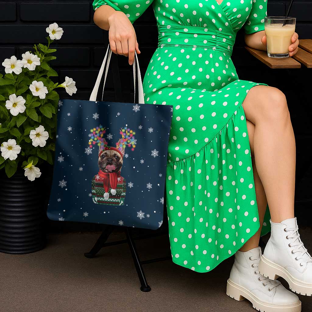 French Bulldog Reindeer Antlers Lights Tote Bag with Red Green Winter Pattern Design - Wonder Print Shop